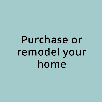 CTA banner: 'Purchase or remodel your home' displayed in black text on a teal background.